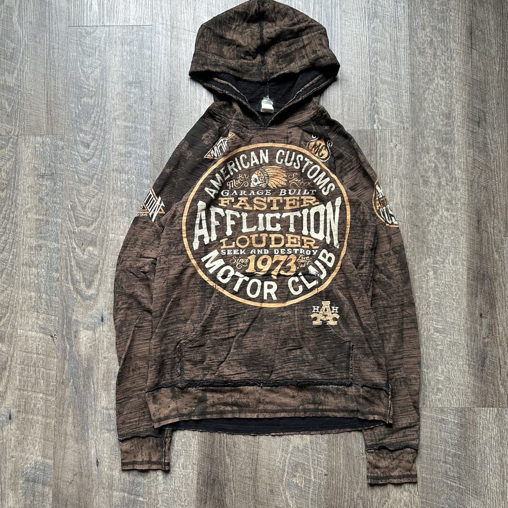 Affliction‎ Hoodie Mens Medium Black American Customs Motor Club Graphic Skull